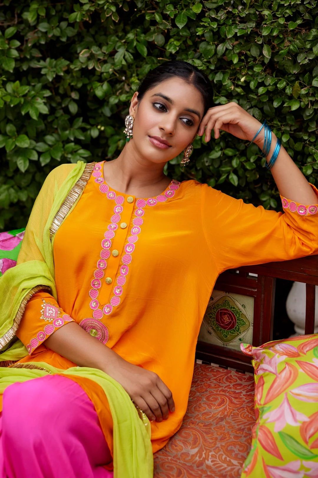 Orange and Hot pink kurta set