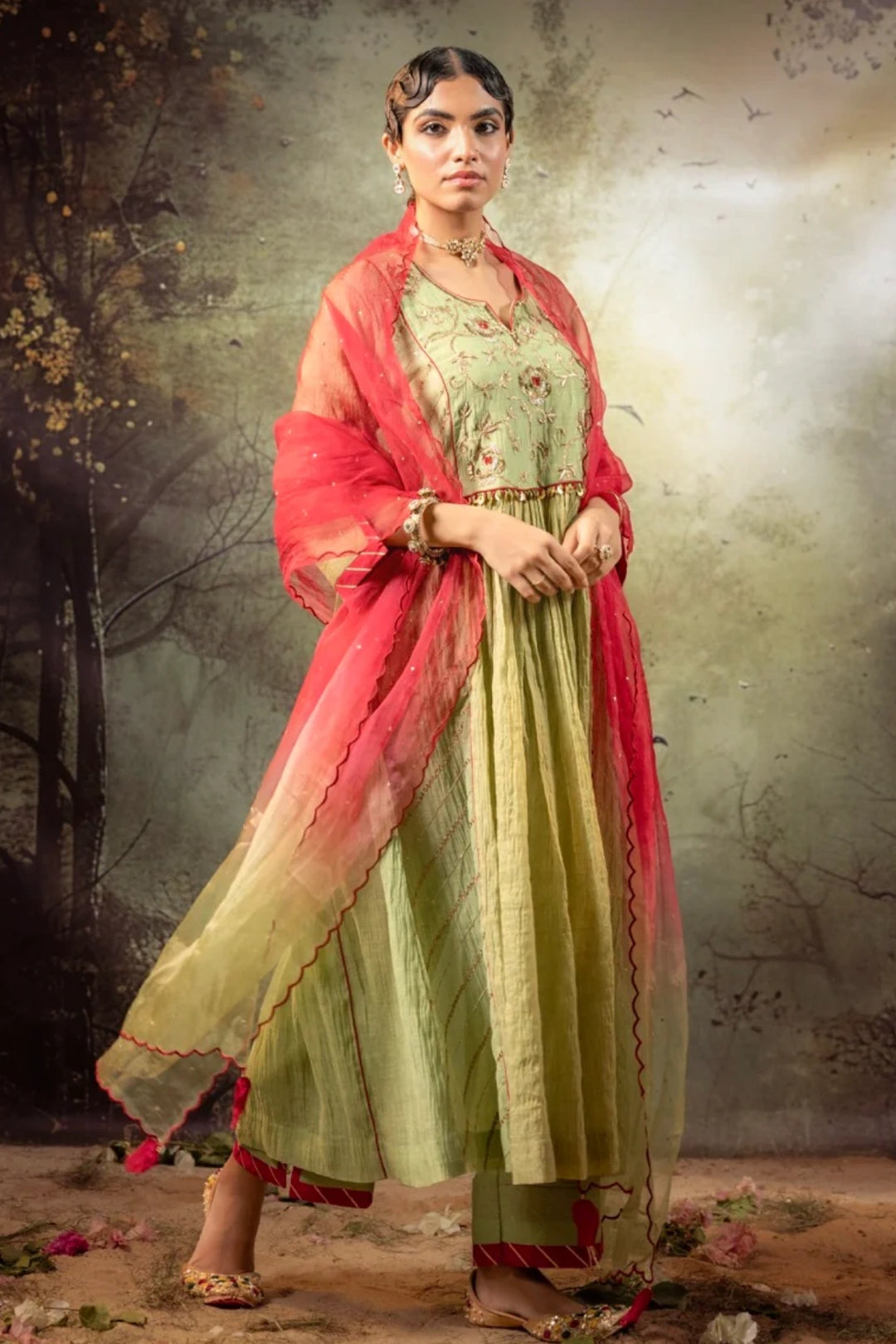 Elaichi Green Center Gathered A-line Kurta Set