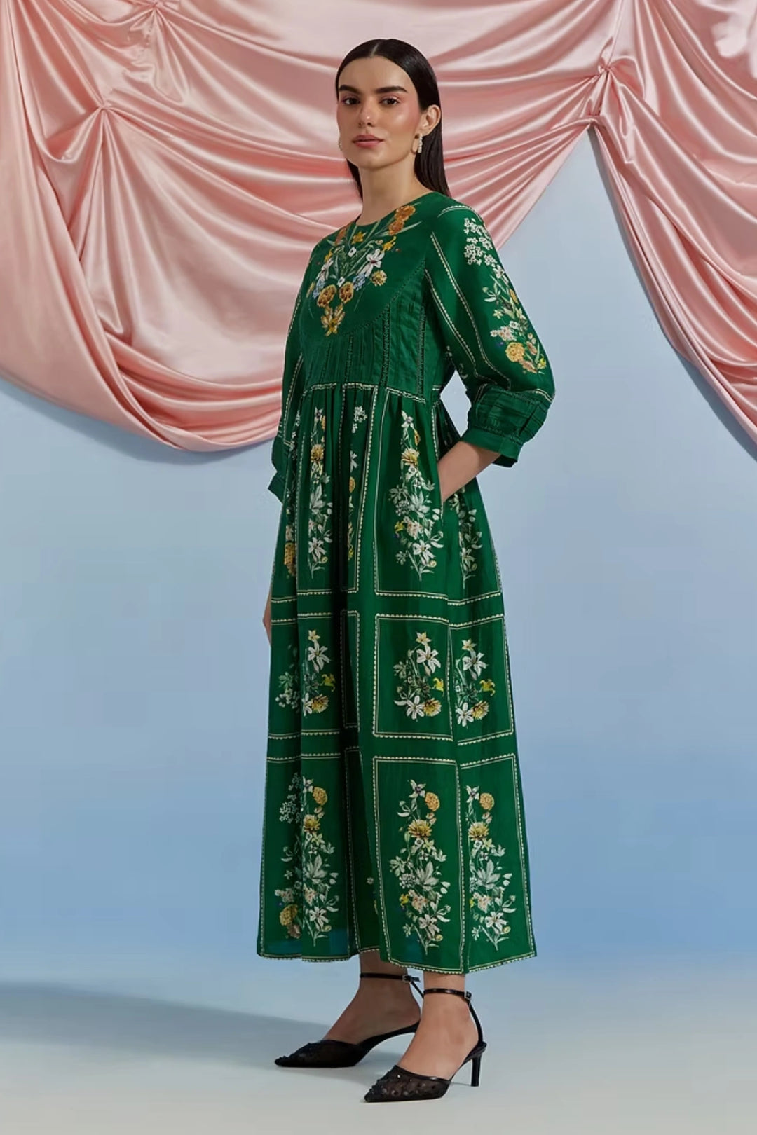 Bouquet Midi Dress - Forest Green