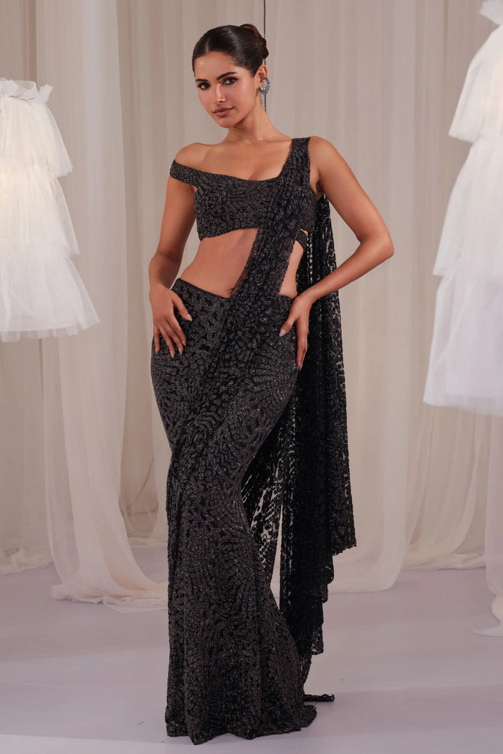 Navy Shimmery Draped Saree With Blouse