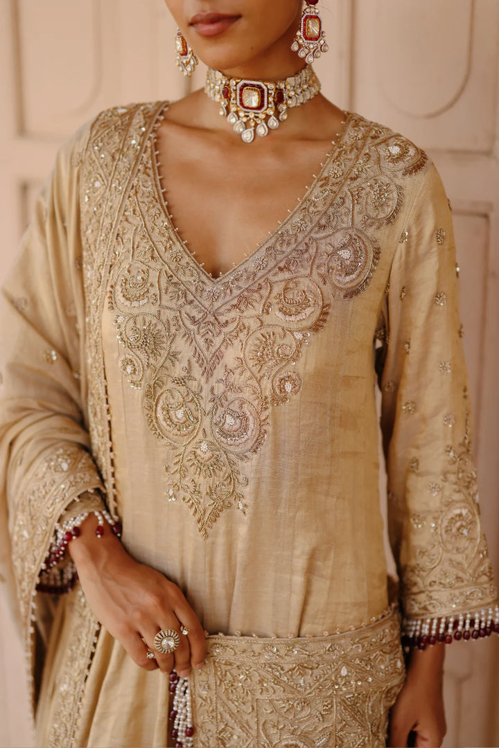 Rooh – Gold Tissue Long Kalidaar Anarkali Set with Palazzo & Dupatta