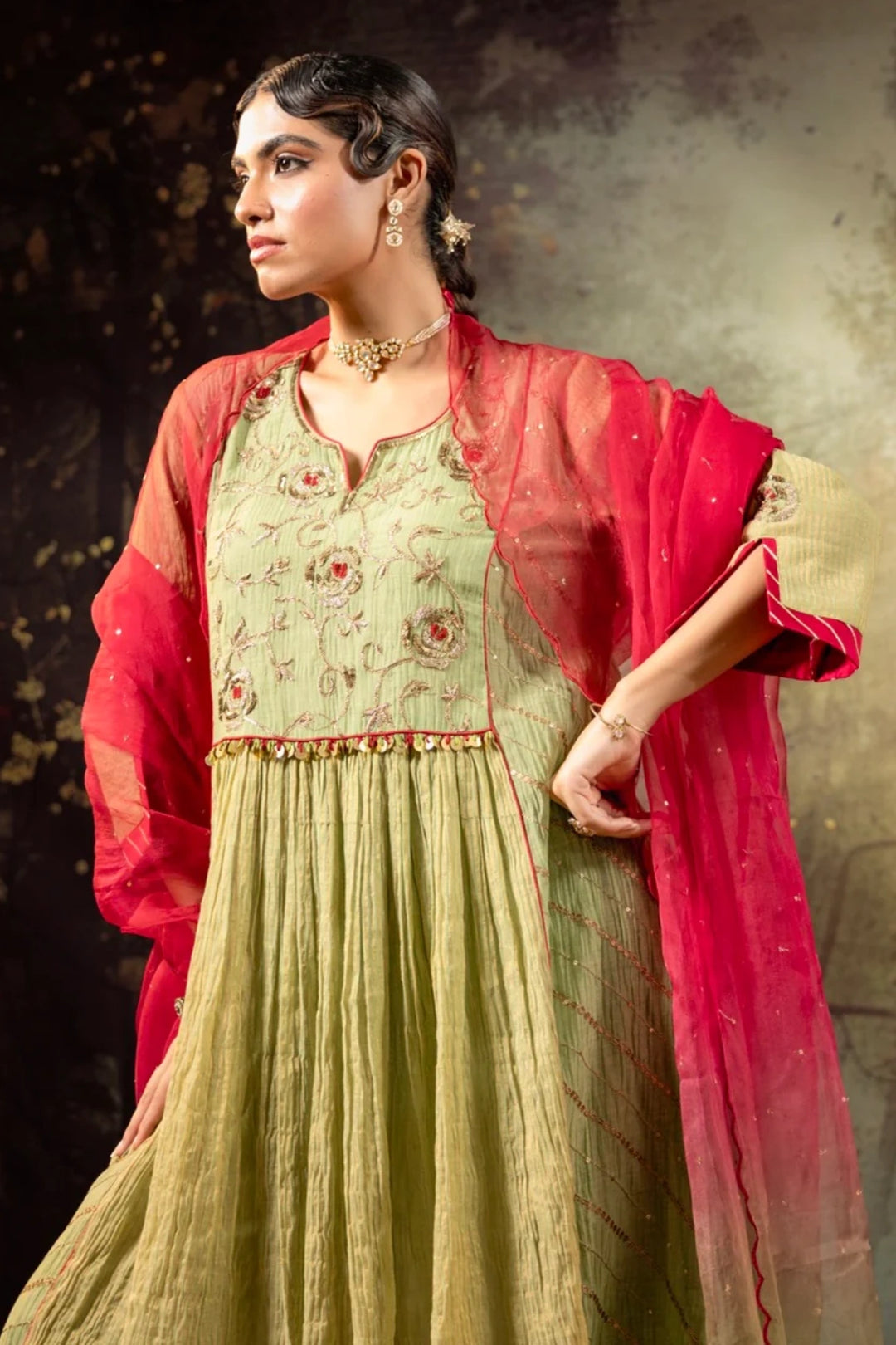 Elaichi Green Center Gathered A-line Kurta Set