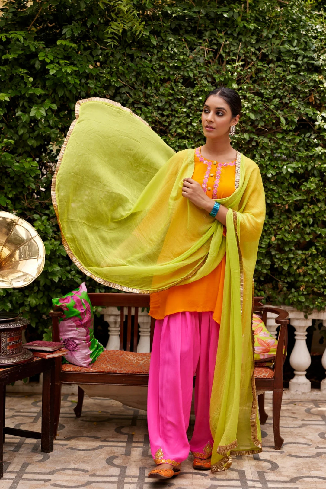 Orange and Hot pink kurta set