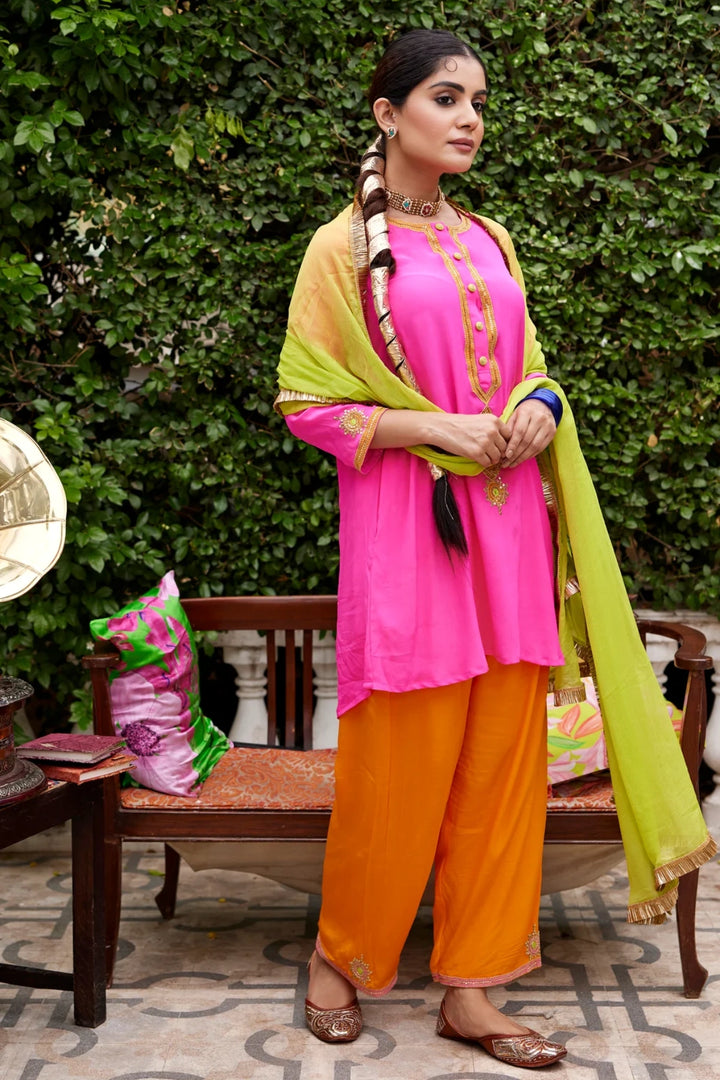 Hot pink and orange kurta set