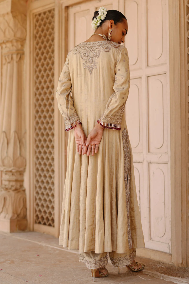 Rooh – Gold Tissue Long Kalidaar Anarkali Set with Palazzo & Dupatta