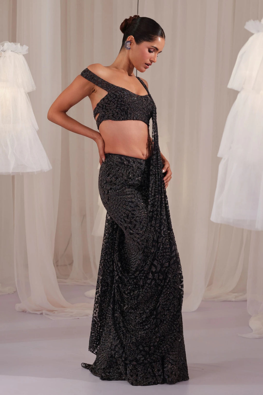 Navy Shimmery Draped Saree With Blouse