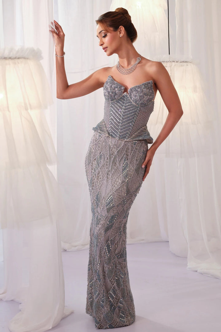 Ice Blue Cutwork Corset With Pencil Skirt