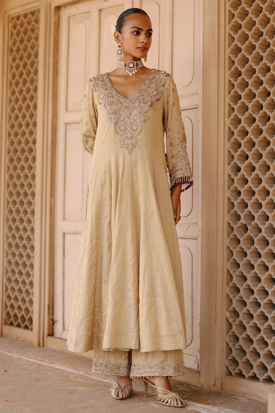 Rooh – Gold Tissue Long Kalidaar Anarkali Set with Palazzo & Dupatta