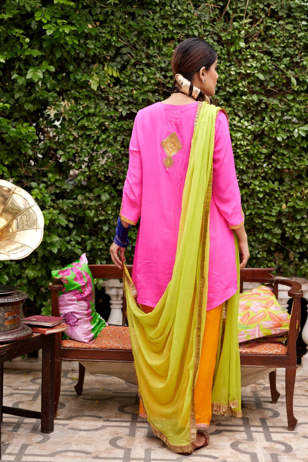 Hot pink and orange kurta set