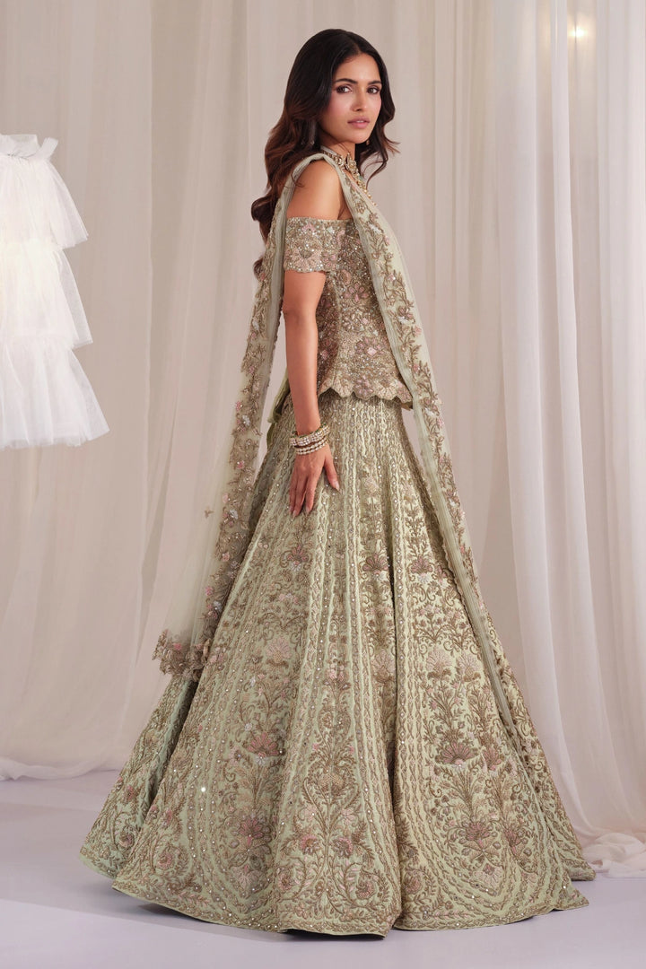 Sage Green Hand Embellished Peplum Corset with Lehenga & Dupatta