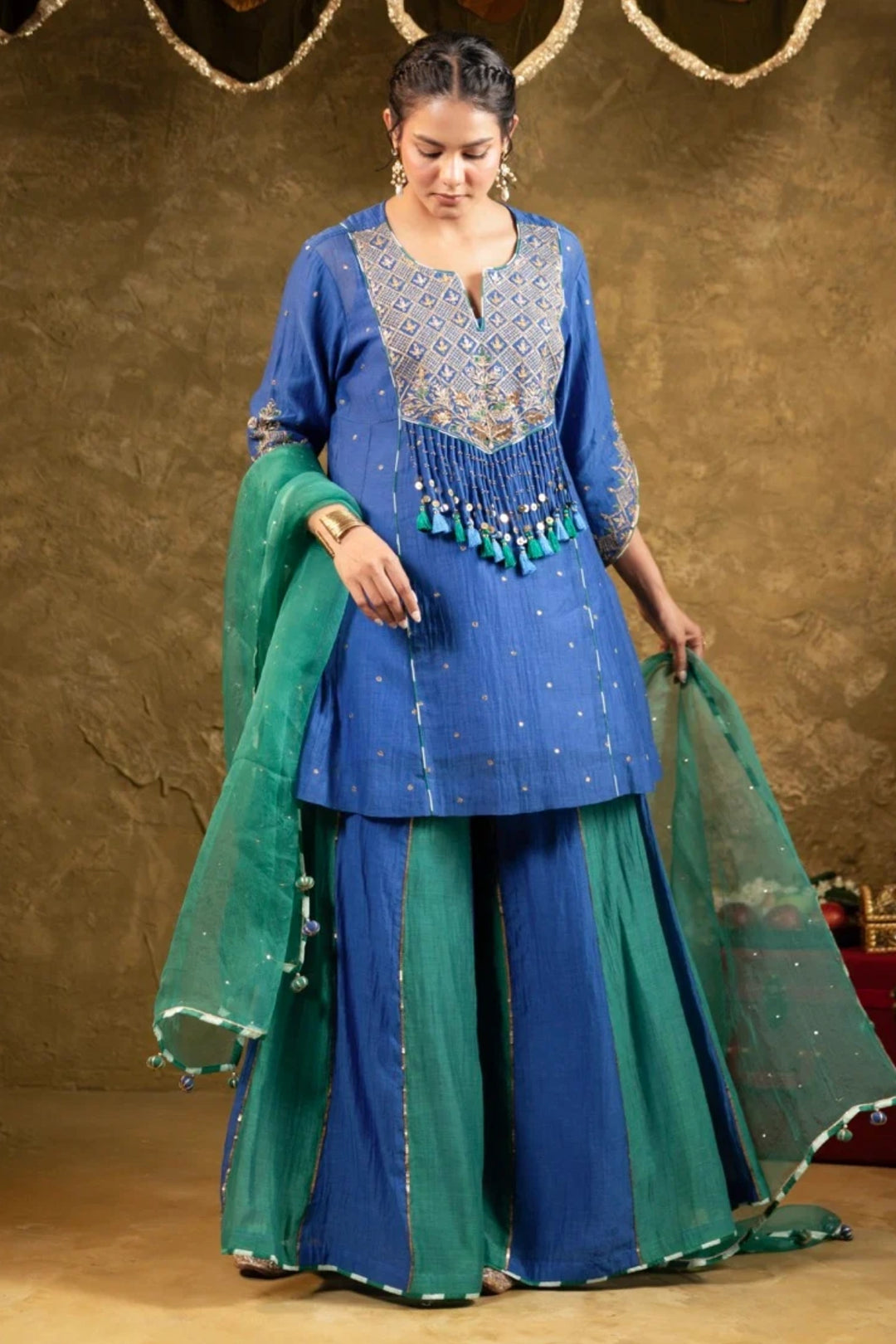 Antique Chowkadi Sharara Set - Blue + Green