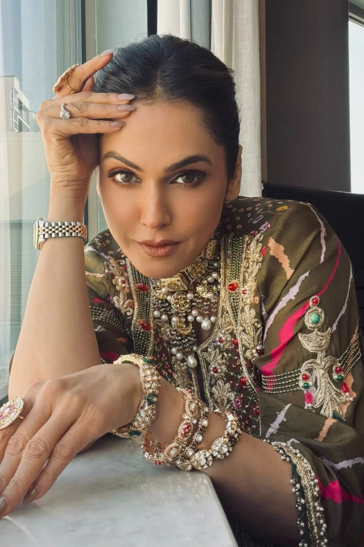 Isha Koppikar in Olive Aline Farshi Set