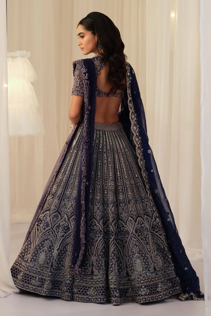 Indigo Hand Embellished Blouse With Raw Silk Lehenga & Dupatta