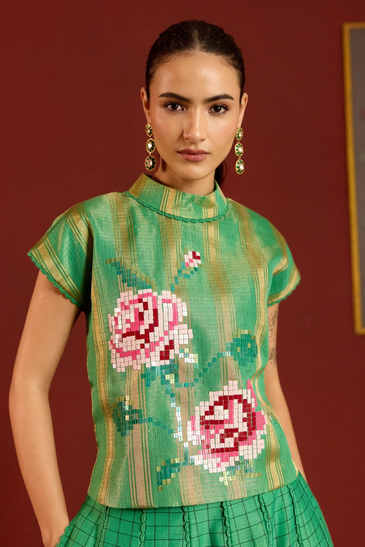 Green Zari Kota Crop Top + Skirt