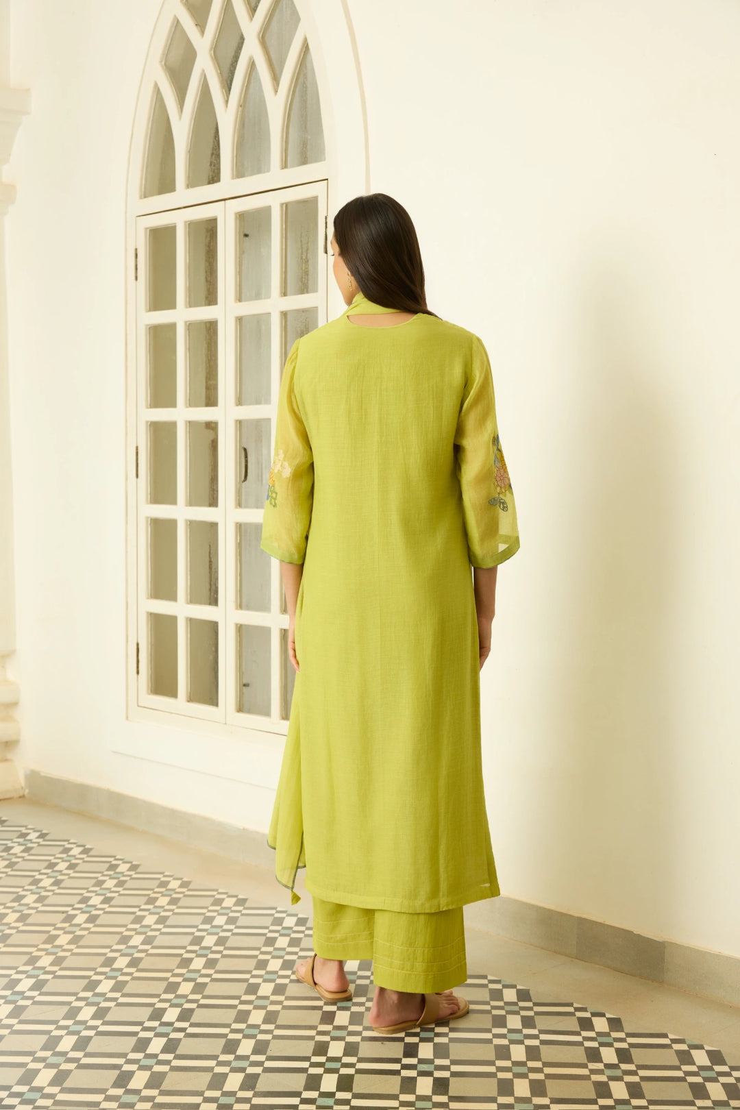 Lime Applique Floral Kurta Set