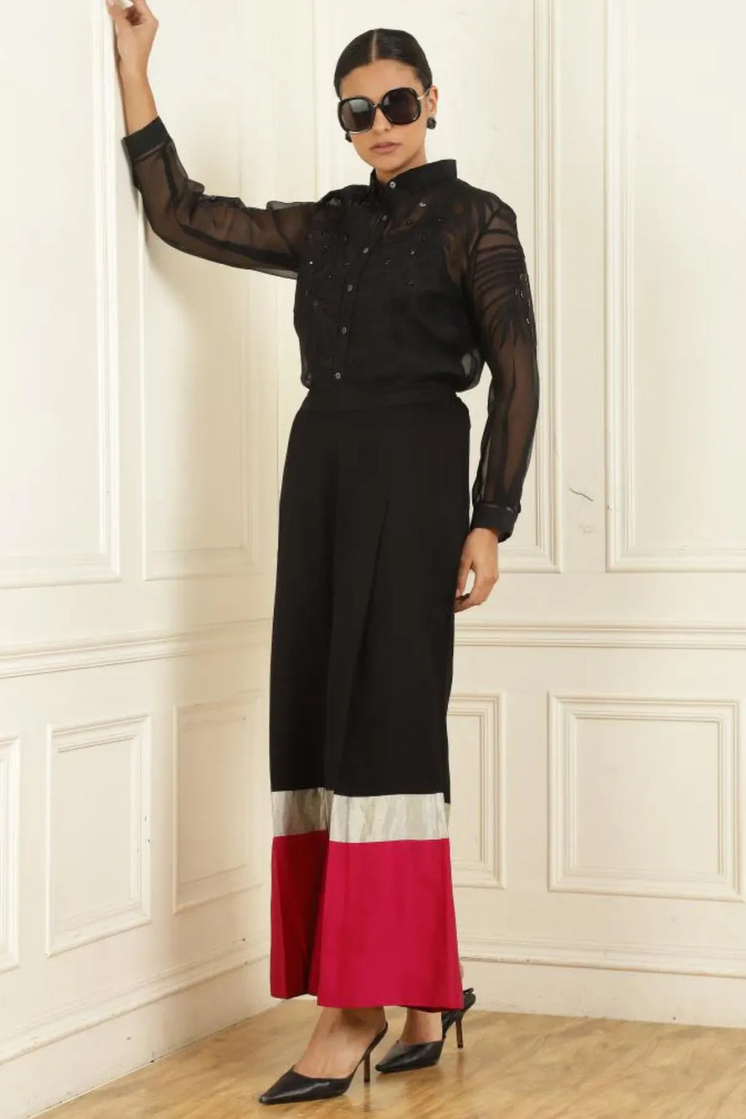Women’s Sheer Organza Front Open Collar black Shirt