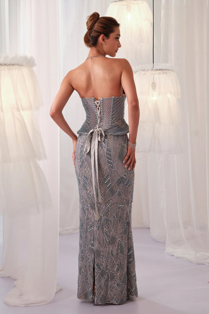 Ice Blue Cutwork Corset With Pencil Skirt