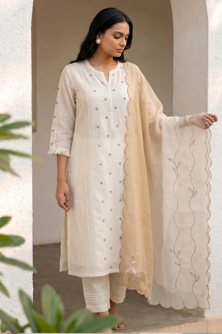 Ivory Cross-stitch & Cord Embroidered Kurta Set with Beige Ombre Dupatta