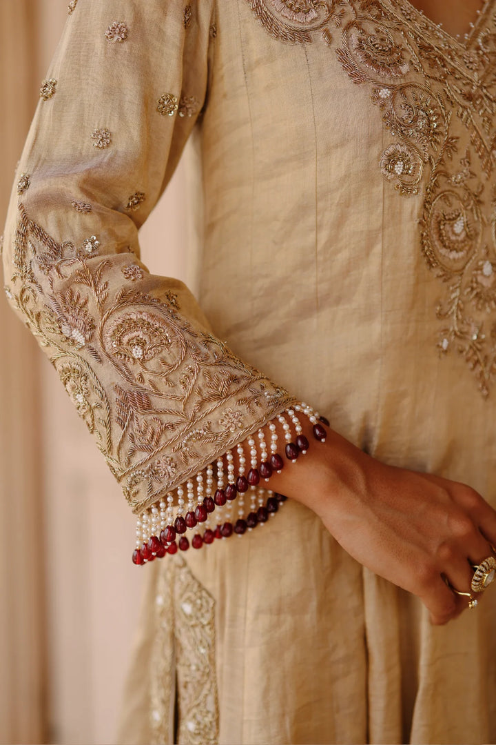 Rooh – Gold Tissue Long Kalidaar Anarkali Set with Palazzo & Dupatta