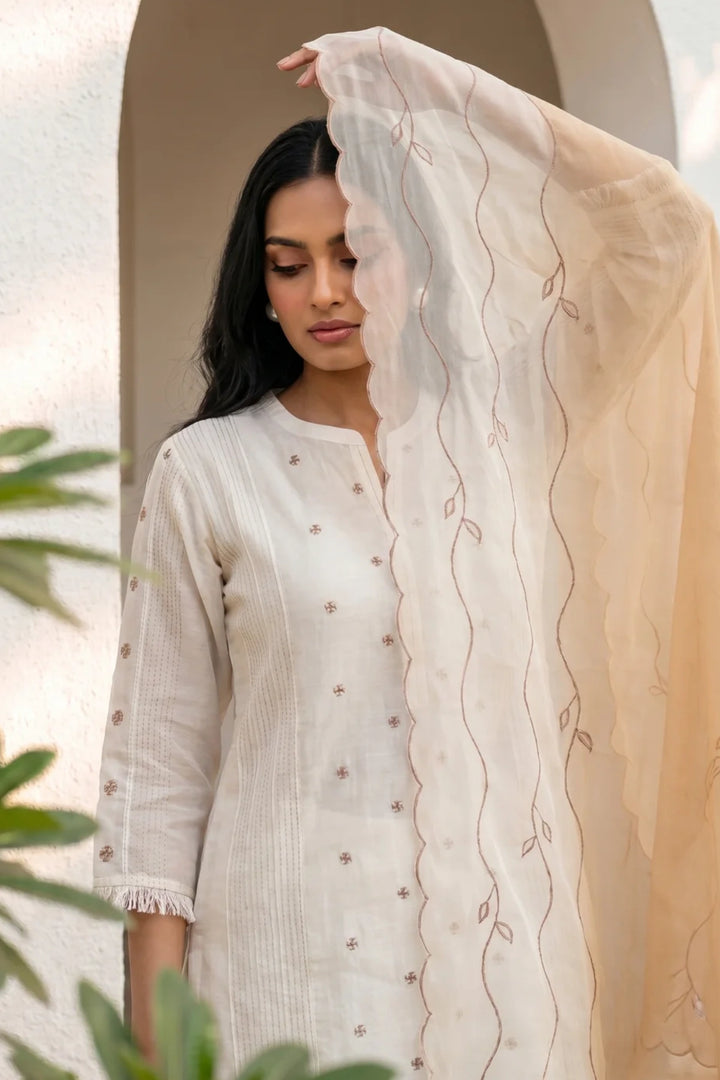 Ivory Cross-stitch & Cord Embroidered Kurta Set with Beige Ombre Dupatta