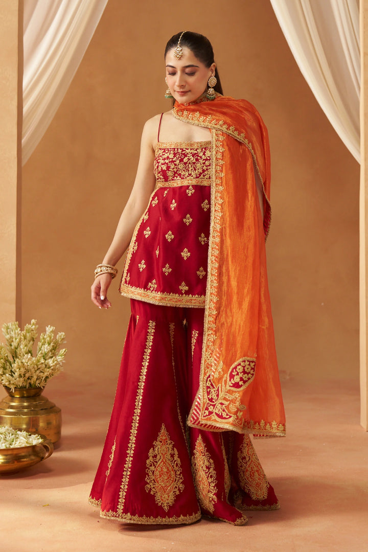Najma Deep Red Kurta with Garara and Dupatta