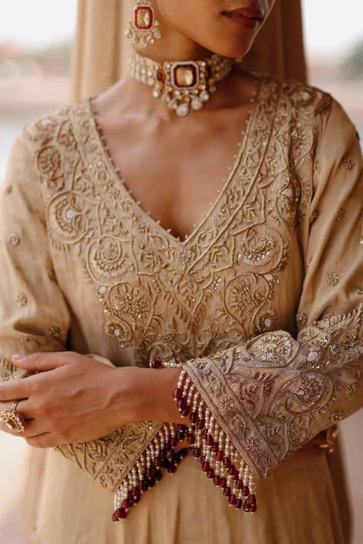 Rooh – Gold Tissue Long Kalidaar Anarkali Set with Palazzo & Dupatta