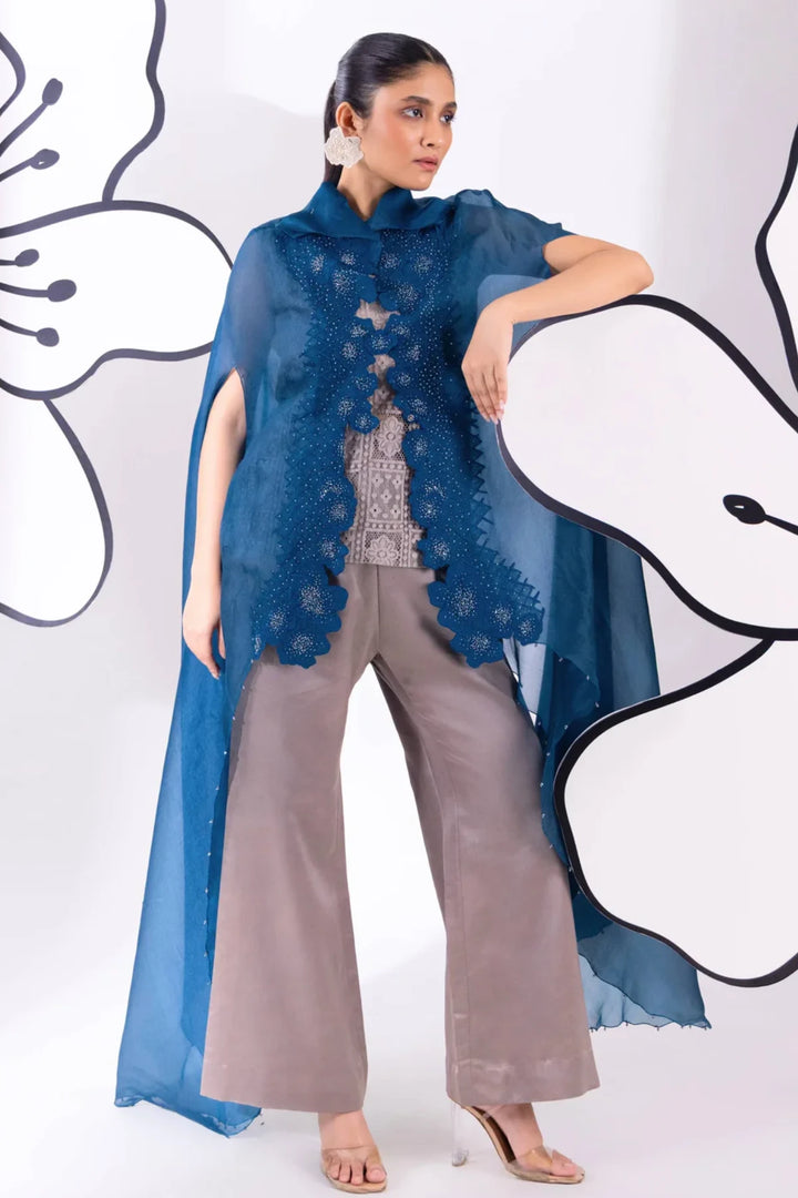 Blue Organza WaveBorne Cape with Top and Pant
