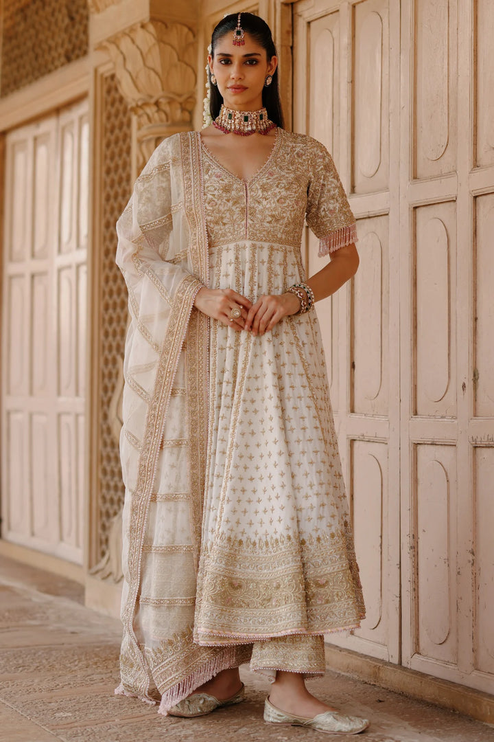 Nafees  - Daisy Ivory Kalidaar Anarkali Set with Palazzo & Dupatta