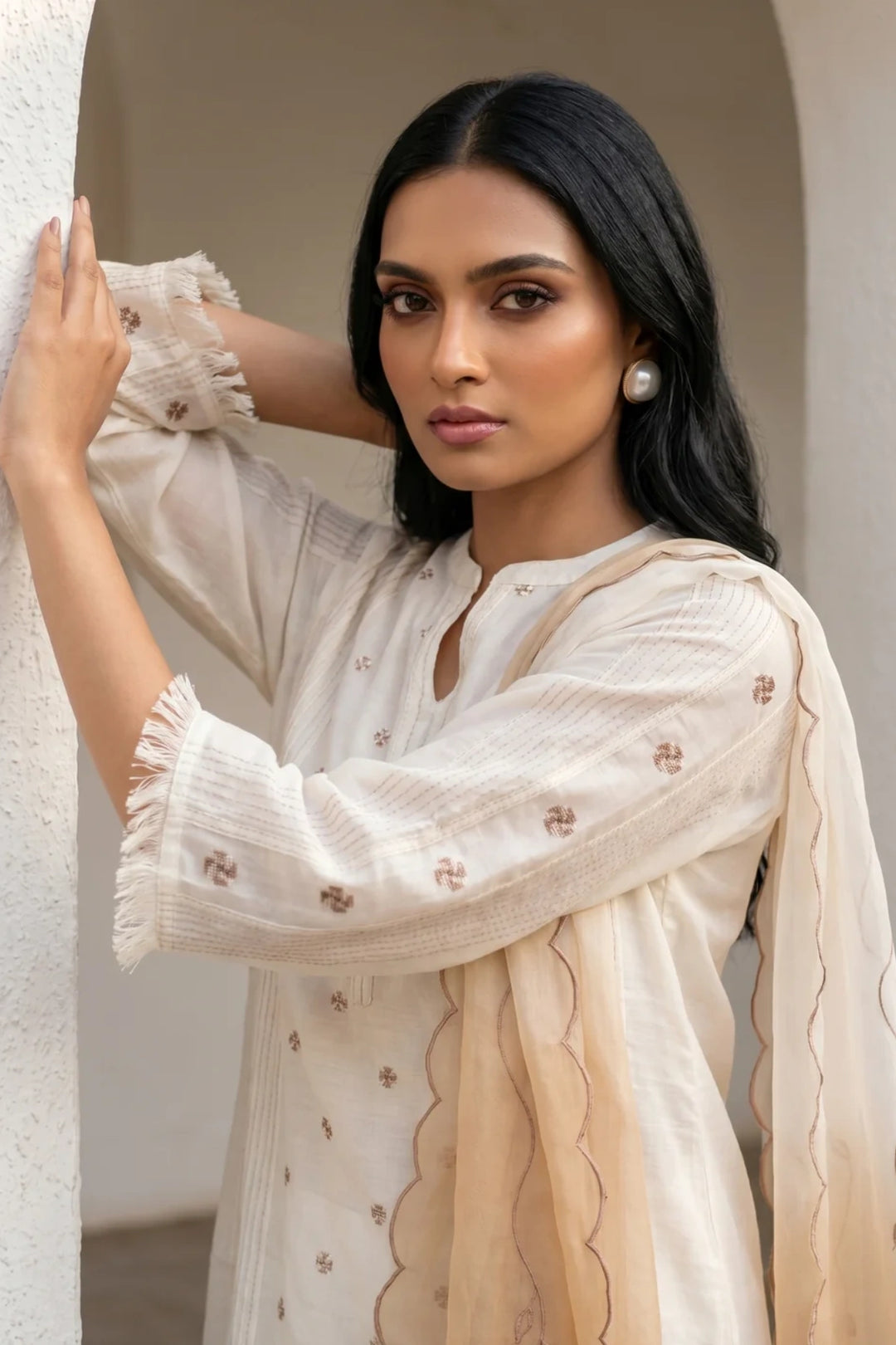 Ivory Cross-stitch & Cord Embroidered Kurta Set with Beige Ombre Dupatta