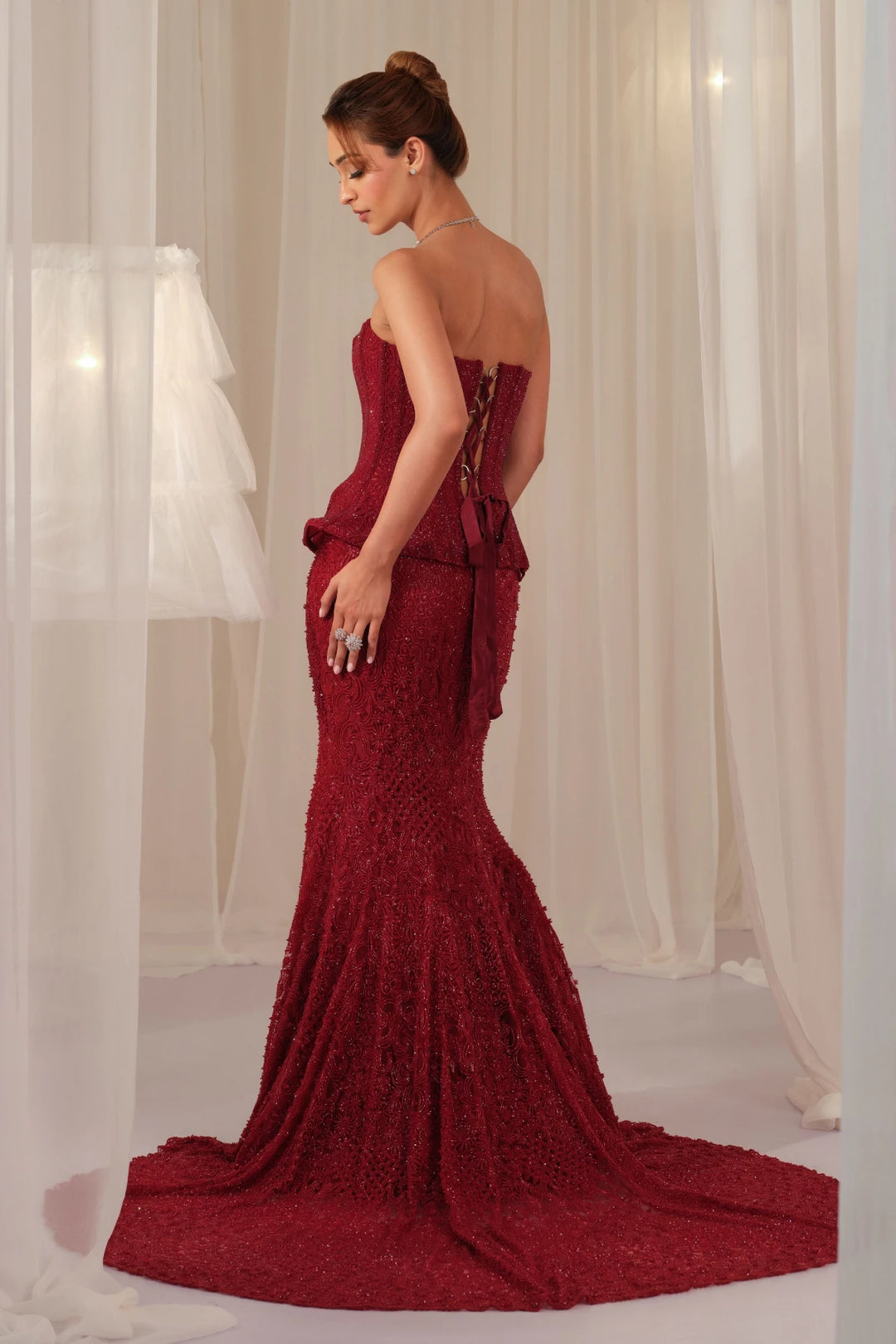 Maroon Corset With Fishcut Lehenga