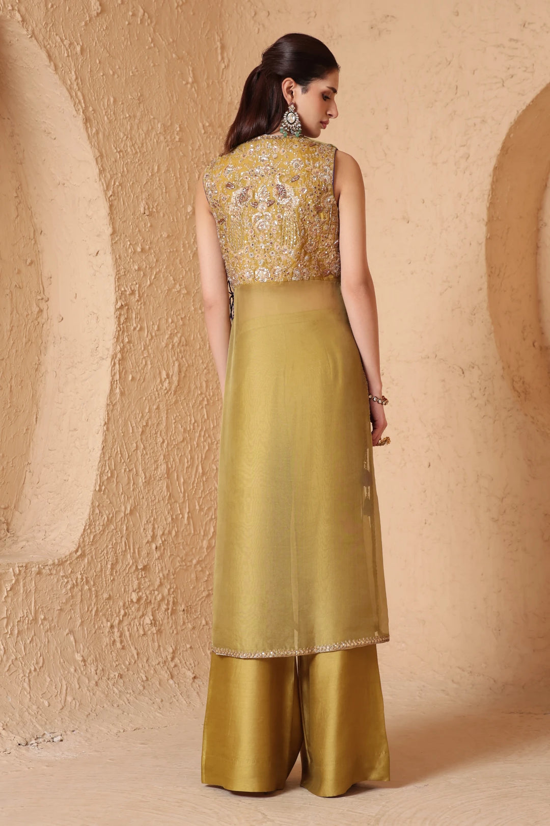 Mehrang Olive Green Tie-up Sleeveless Kurta Set
