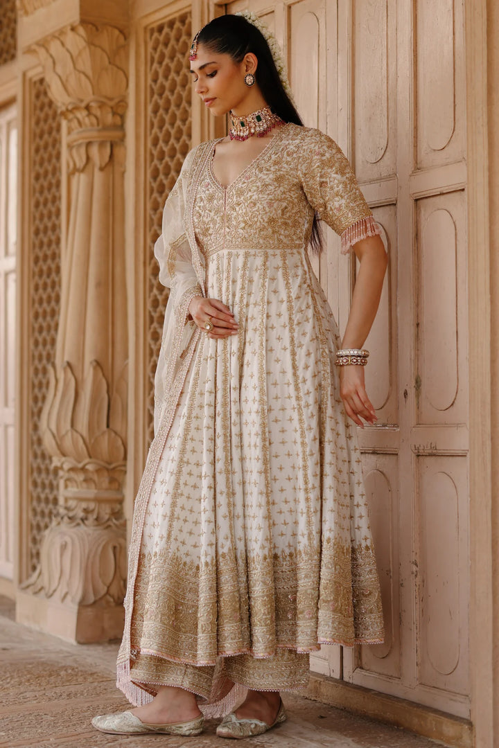 Nafees  - Daisy Ivory Kalidaar Anarkali Set with Palazzo & Dupatta