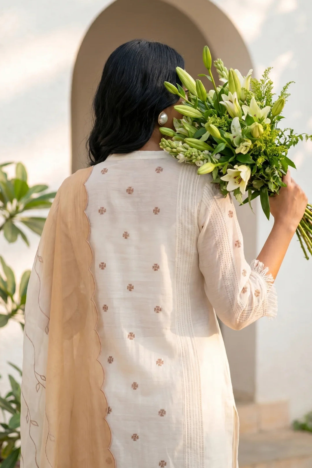 Ivory Cross-stitch & Cord Embroidered Kurta Set with Beige Ombre Dupatta