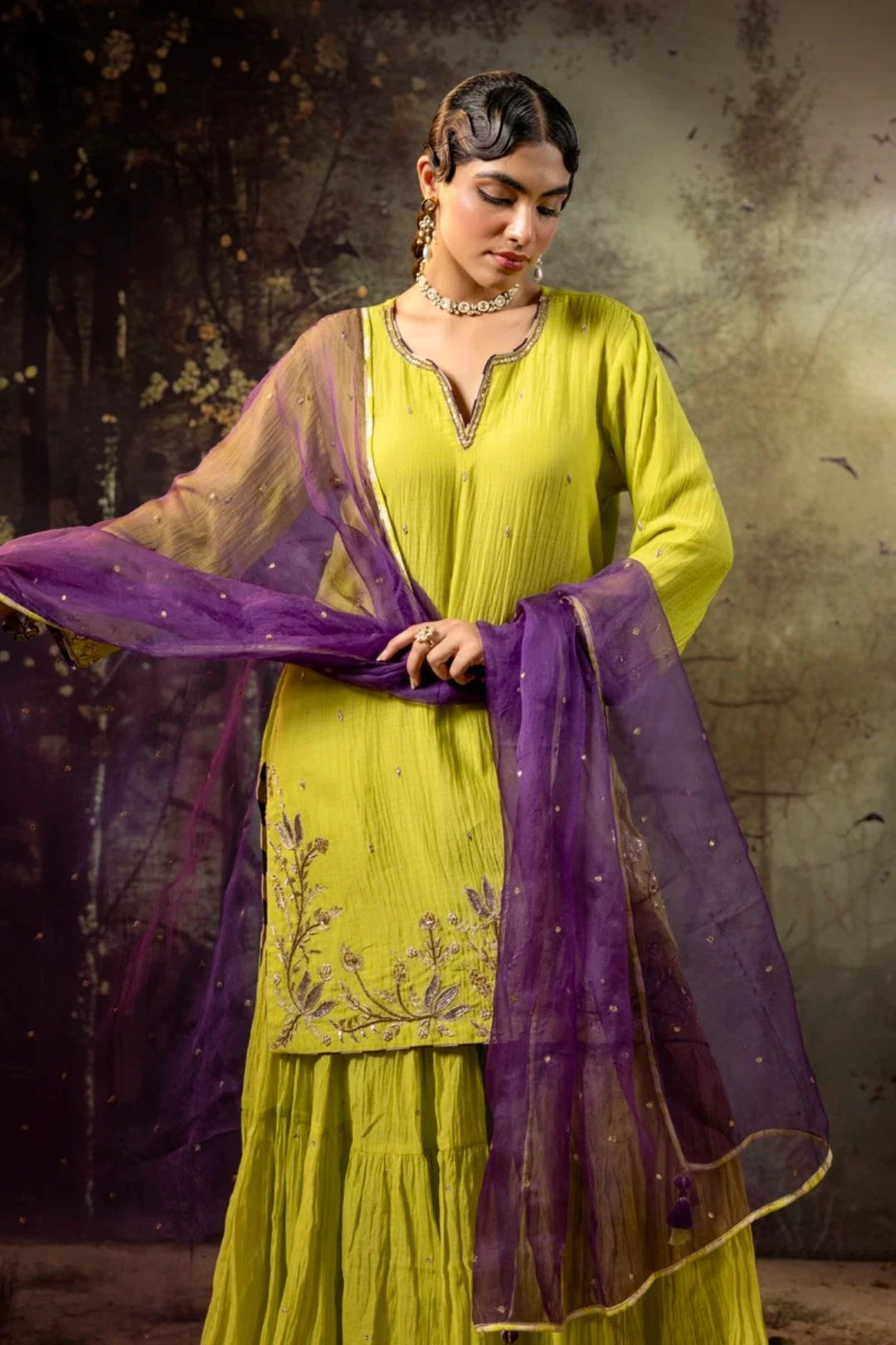 Neon Green Daman Lappa Sharara Set