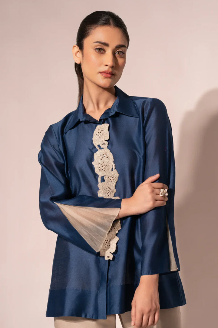 Blue Front Placket Chanderi Shirt