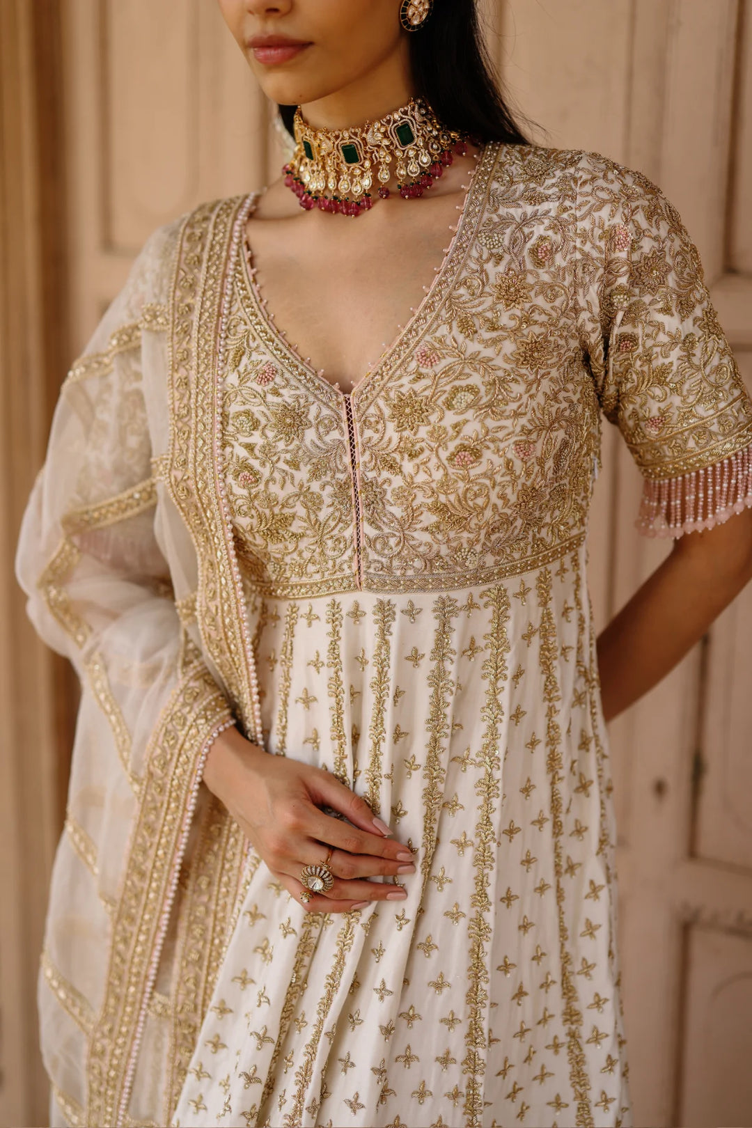 Nafees  - Daisy Ivory Kalidaar Anarkali Set with Palazzo & Dupatta