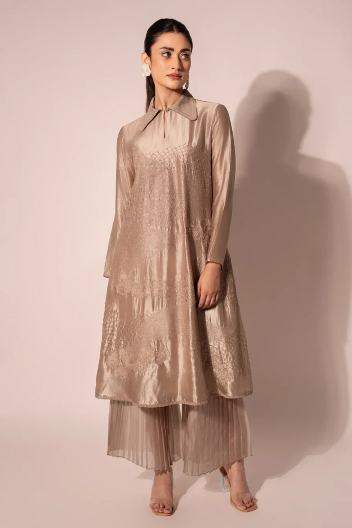 Beige WaveBorne Silk Collar Kurta With Pant