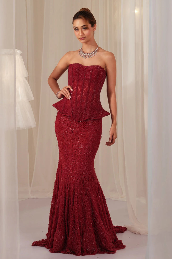 Maroon Corset With Fishcut Lehenga