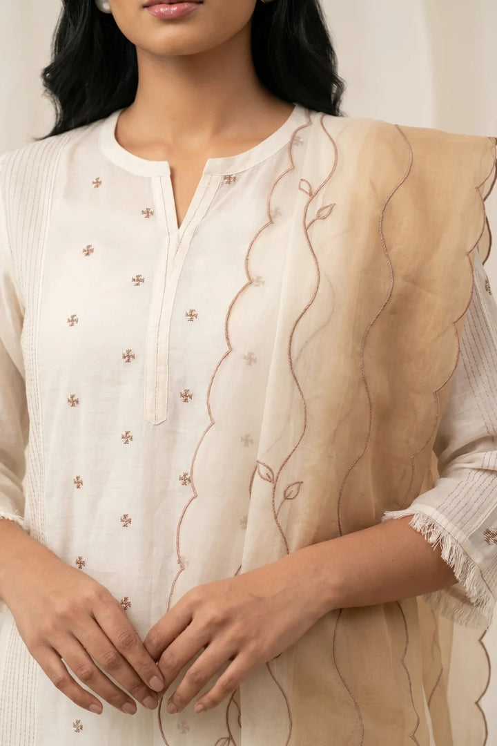 Ivory Cross-stitch & Cord Embroidered Kurta Set with Beige Ombre Dupatta