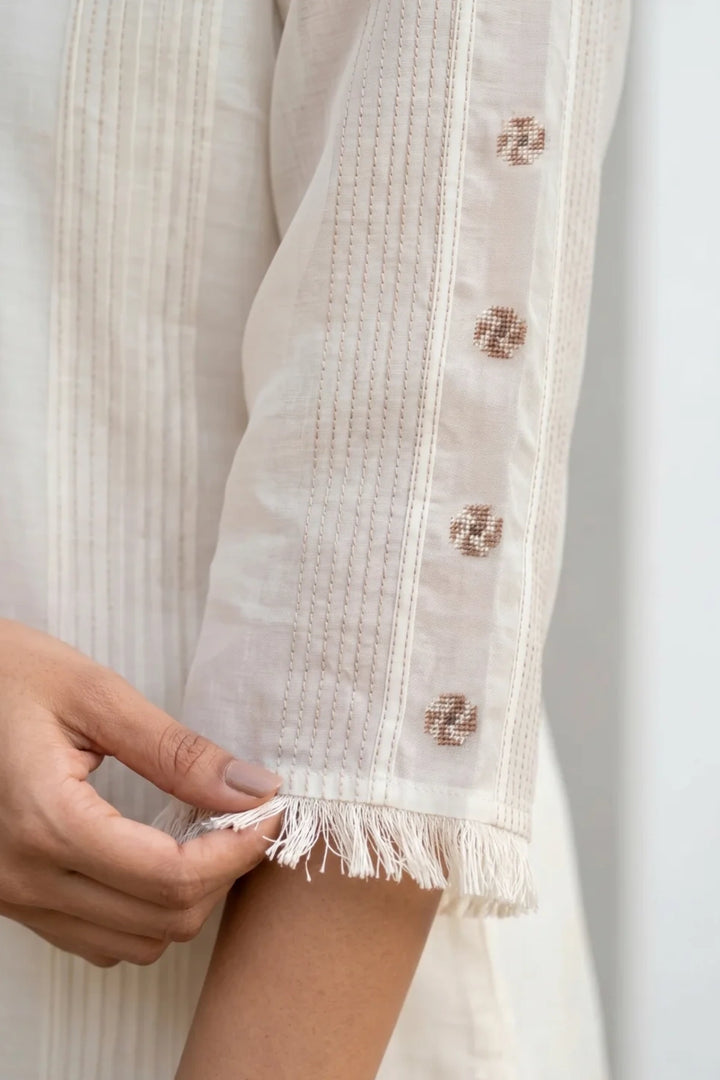 Ivory Cross-stitch & Cord Embroidered Kurta Set with Beige Ombre Dupatta