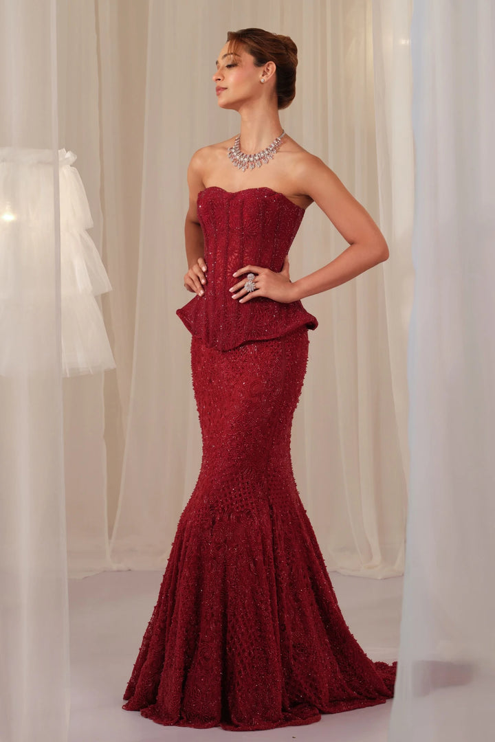 Maroon Corset With Fishcut Lehenga