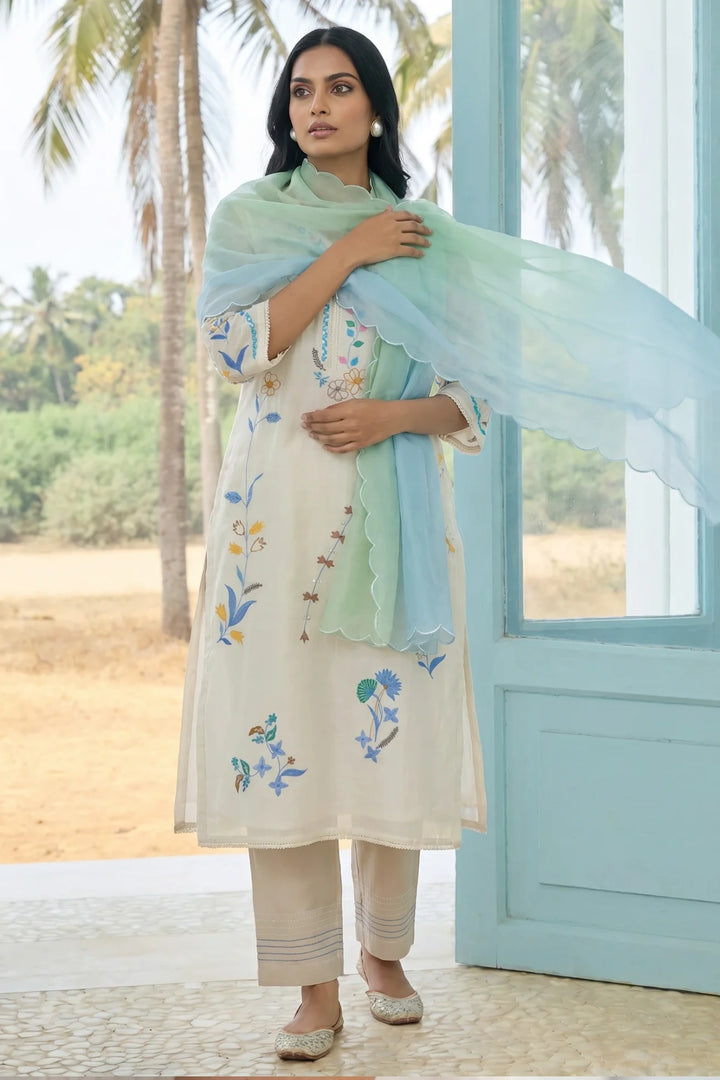 Ivory Applique and Cord Embroidered Kurta Set with Ombre Dupatta