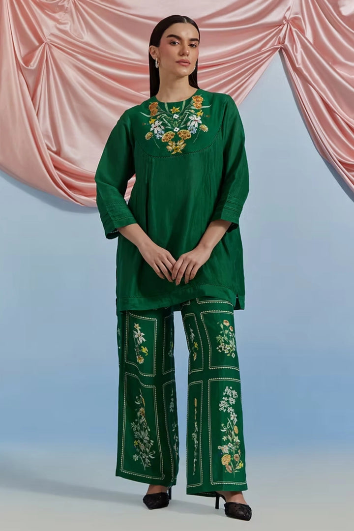 Bouquet Pleated Top & Pant Set - Forest Green