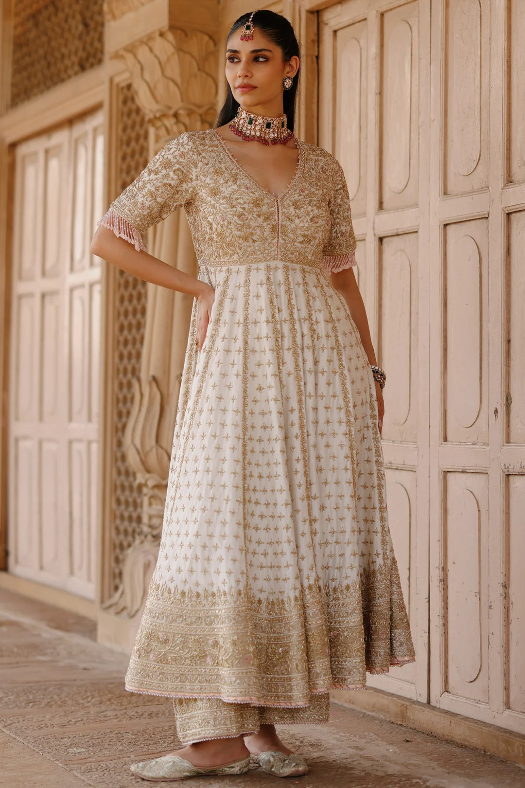 Nafees  - Daisy Ivory Kalidaar Anarkali Set with Palazzo & Dupatta