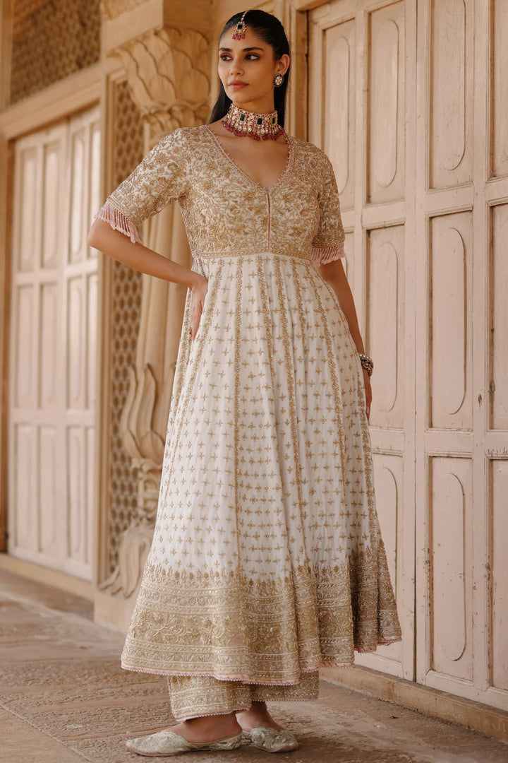 Nafees  - Daisy Ivory Kalidaar Anarkali Set with Palazzo & Dupatta