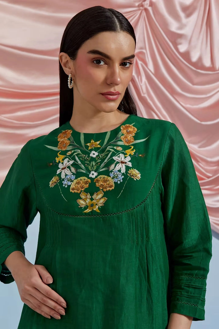 Bouquet Pleated Top & Pant Set - Forest Green