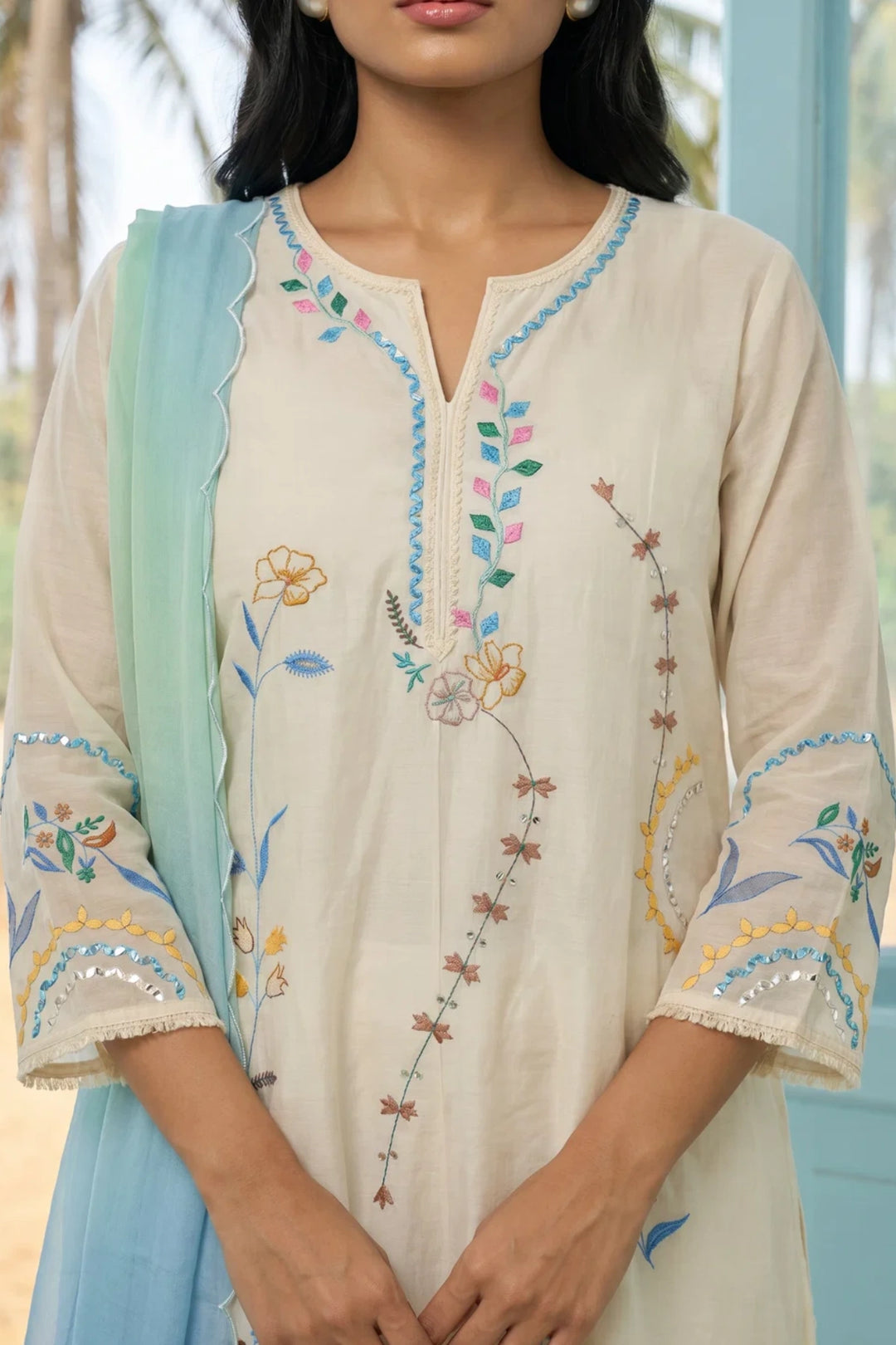 Ivory Applique and Cord Embroidered Kurta Set with Ombre Dupatta