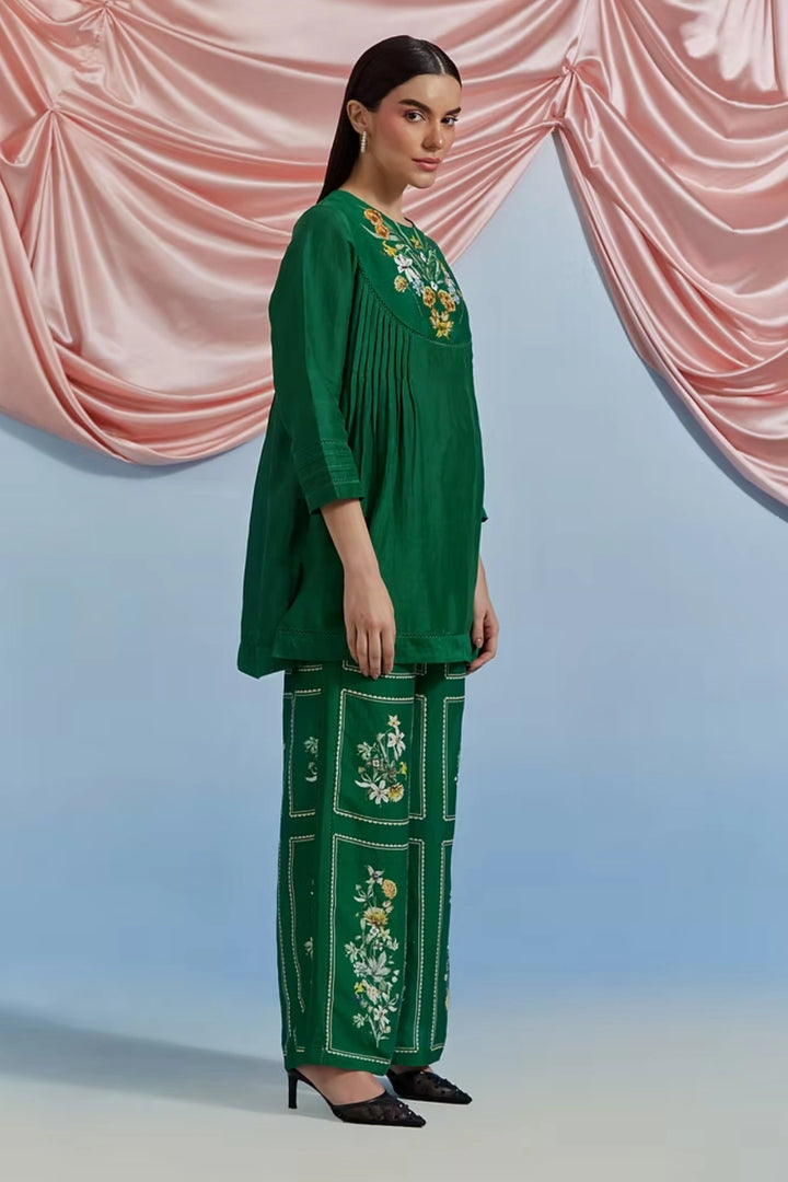 Bouquet Pleated Top & Pant Set - Forest Green