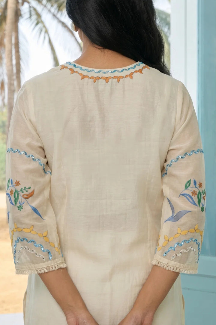 Ivory Applique and Cord Embroidered Kurta Set with Ombre Dupatta
