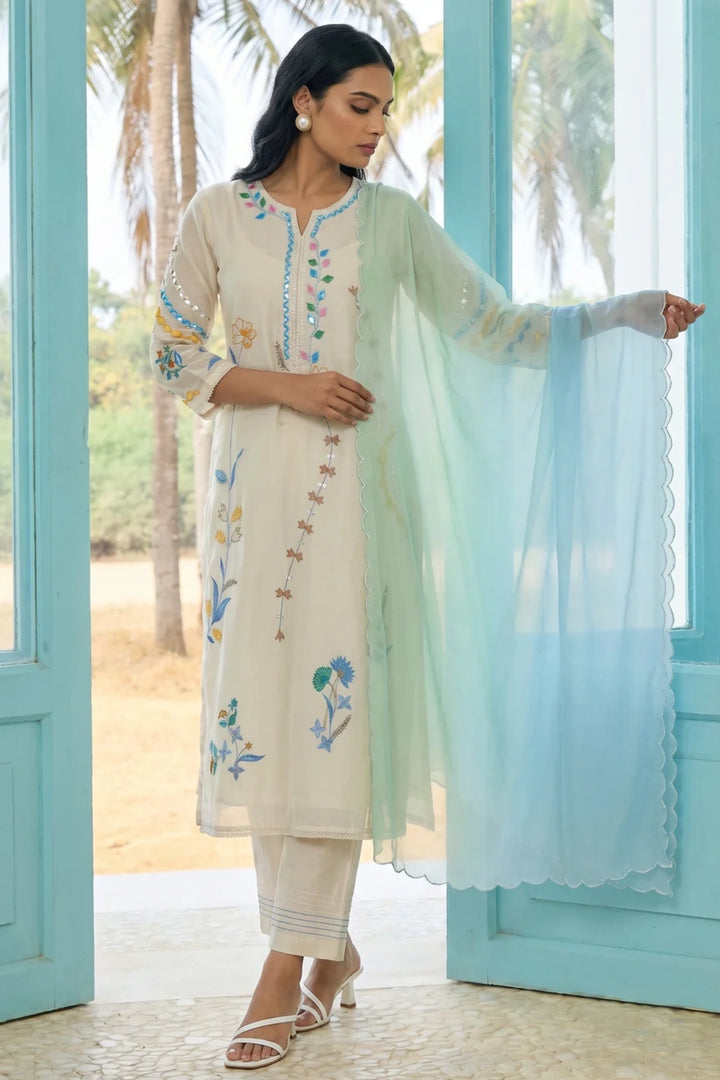 Ivory Applique and Cord Embroidered Kurta Set with Ombre Dupatta